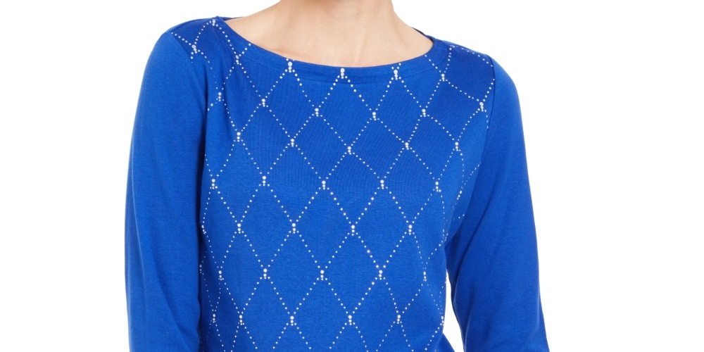 Karen Scott Blusa de algodão com manga 3/4 e detalhes embelezados, azul, tamanho pequeno G