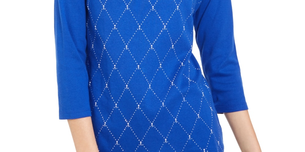 Karen Scott Blusa de algodão com manga 3/4 e detalhes embelezados, azul, tamanho pequeno G