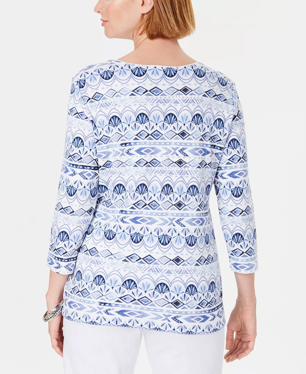 Karen Scott Blusa Feminina Petite Ikat Estampada Azul Tamanho PXL