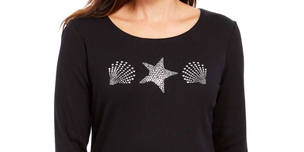 Karen Scott Blusa Feminina com Estampa Shell, Preta, Tamanho PS/M