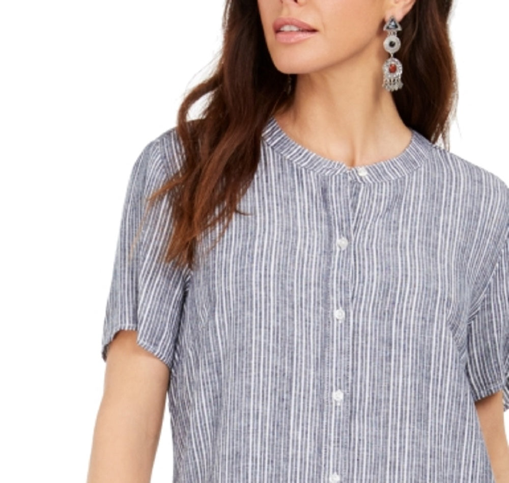 Vestido listrado estilo &amp; co, linha A, azul, tamanho grande, com botões na frente, em mistura de linho