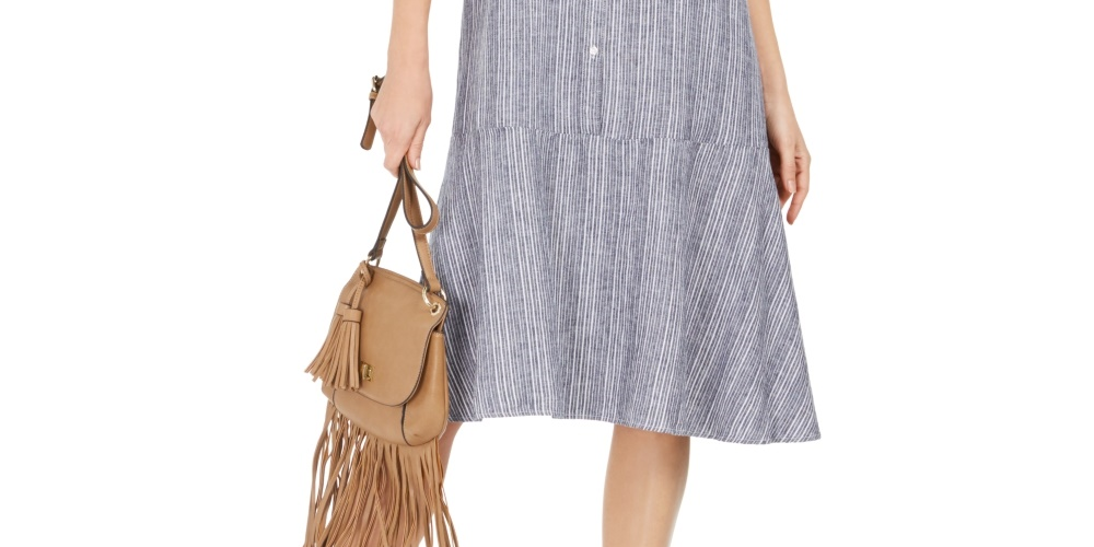 Vestido listrado estilo &amp; co, linha A, azul, tamanho grande, com botões na frente, em mistura de linho