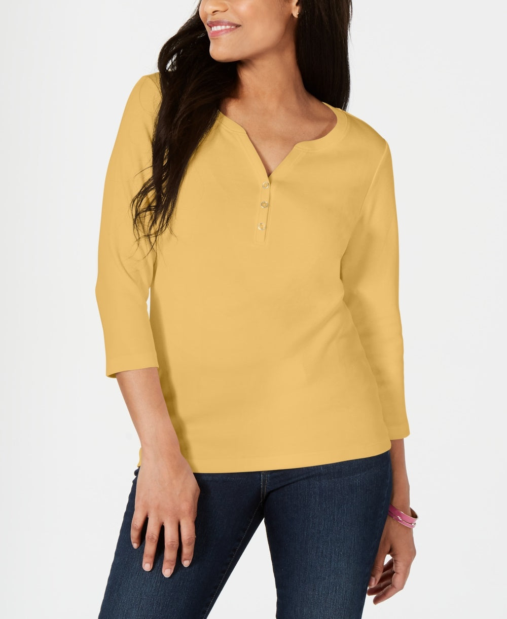 Karen Scott Top Henley de Algodão Feminino Bege Cáqui Tamanho Médio