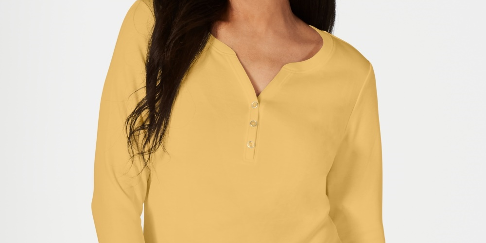 Karen Scott Top Henley de Algodão Feminino Bege Cáqui Tamanho Médio