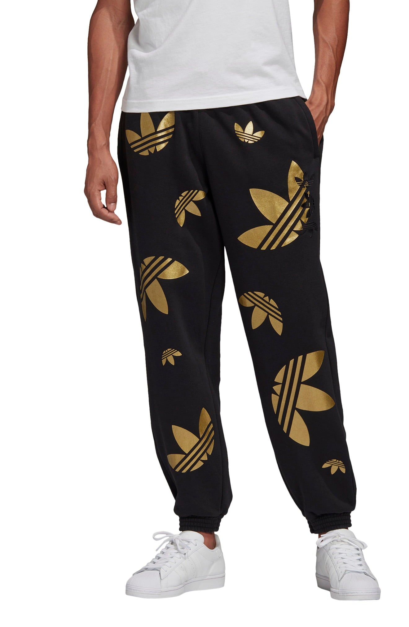 Calça de moletom masculina Adidas Originals Metallic Trefoil Fleece preta, tamanho M