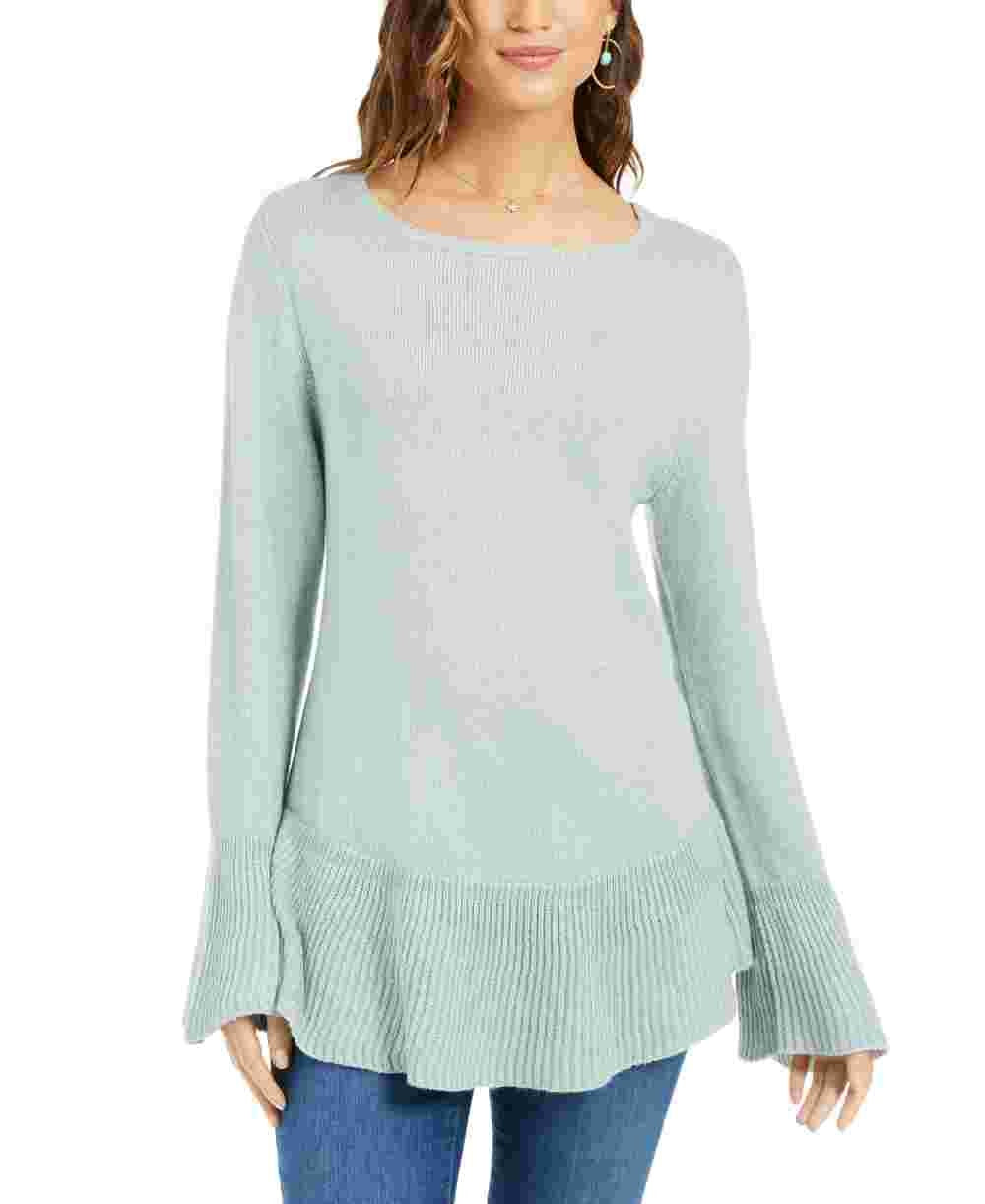 Blusa feminina com estampa canelada e manga comprida, gola redonda, verde, tamanho P