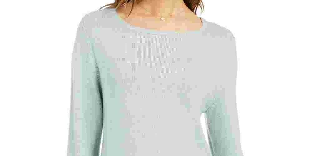 Blusa feminina com estampa canelada e manga comprida, gola redonda, verde, tamanho P