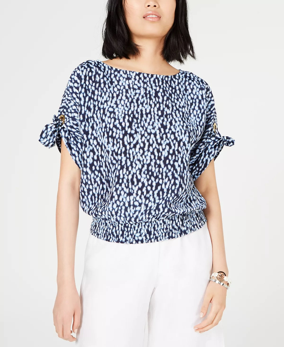 Blusa feminina Michael Kors com estampa de gola canoa, azul, tamanho grande