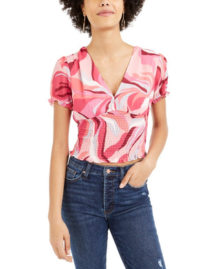 Bar III Women's Printed Smocked Top Red Size X-Large