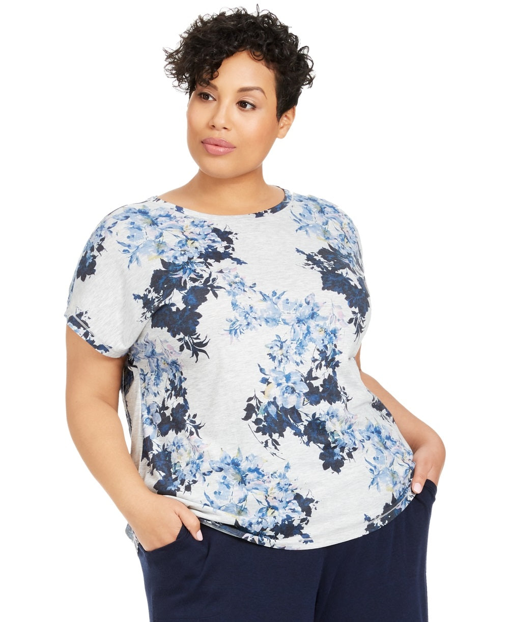 Camiseta feminina estampada floral Ideology Plus, cinza, tamanho 1X