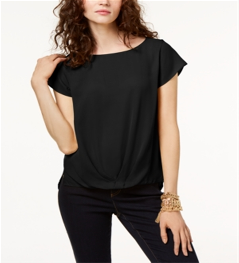 INC International Concepts Top feminino casual com decote em joia e manga curta, preto, tamanho PS