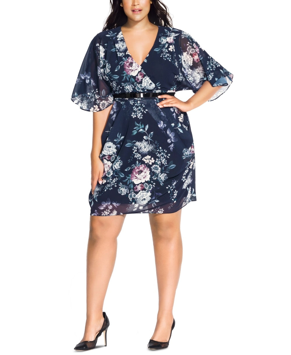 Vestido feminino City Chic, plus size, estampa floral, tamanho médio, com cinto, preto, tamanho 22W