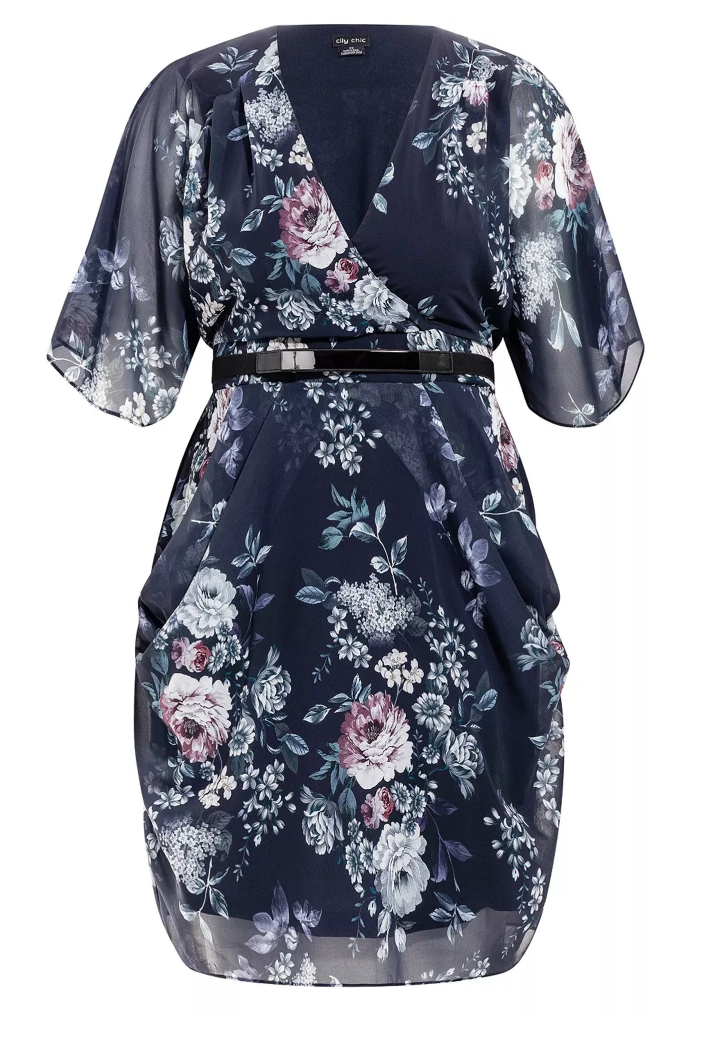 Vestido feminino City Chic, plus size, estampa floral, tamanho médio, com cinto, preto, tamanho 22W