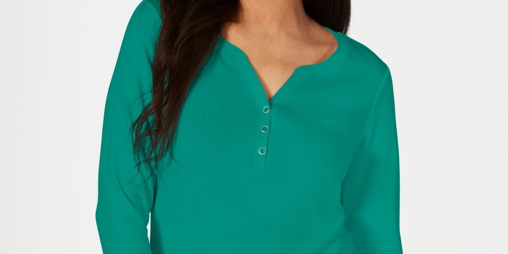 Karen Scott Top Henley de Algodão Feminino Azul Tamanho Médio