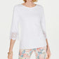 Top feminino Charter Club Petite com manga de renda, branco, tamanho pequeno