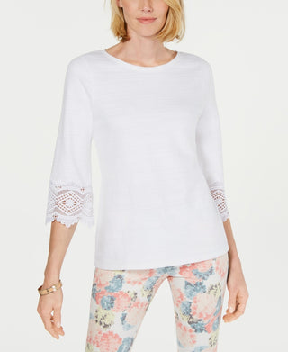 Top feminino Charter Club Petite com manga de renda, branco, tamanho pequeno