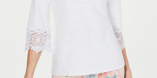 Top feminino Charter Club Petite com manga de renda, branco, tamanho pequeno