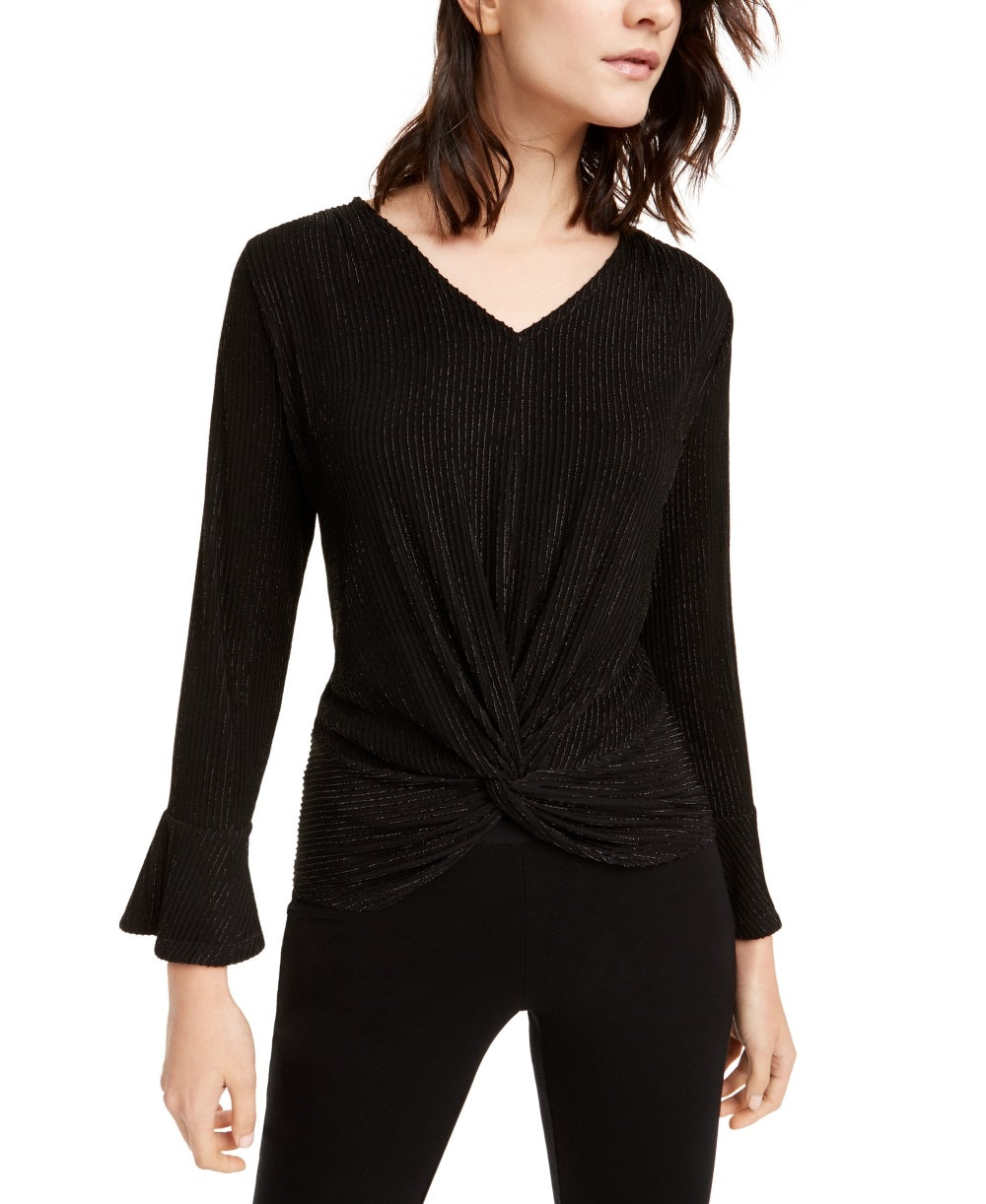 Blusa feminina Alfani com listras metálicas e nó frontal, preta, tamanho P