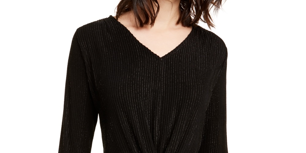 Blusa feminina Alfani com listras metálicas e nó frontal, preta, tamanho P