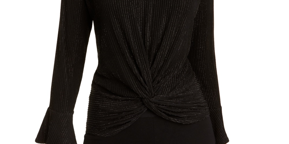 Blusa feminina Alfani com listras metálicas e nó frontal, preta, tamanho P