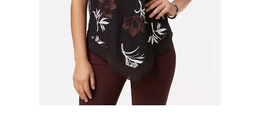 Blusa feminina Alfani sem mangas com bainha pontuda bordada, preta, tamanho médio