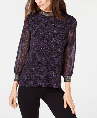 Top Alfani Feminino Petite Estampado com Gola Enfeitada Preto Tamanho Petite Pequeno