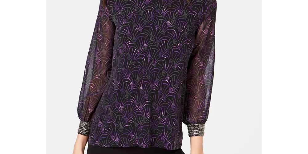 Top Alfani Feminino Petite Estampado com Gola Enfeitada Preto Tamanho Petite Pequeno