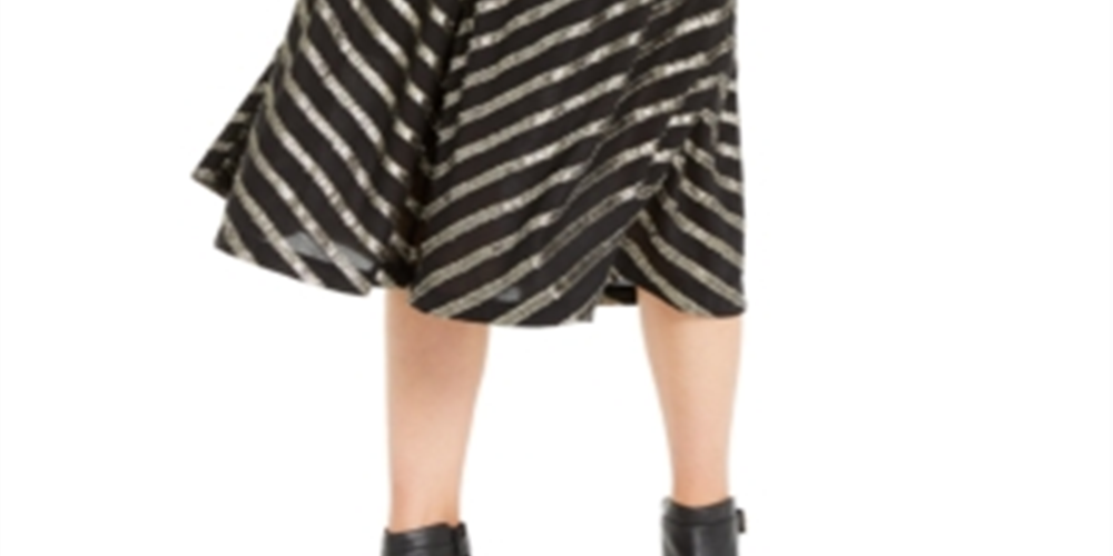 Alfani Saia Flare Feminina Listrada Abaixo do Joelho com Lantejoulas e Glitter, Preta, Tamanho 2