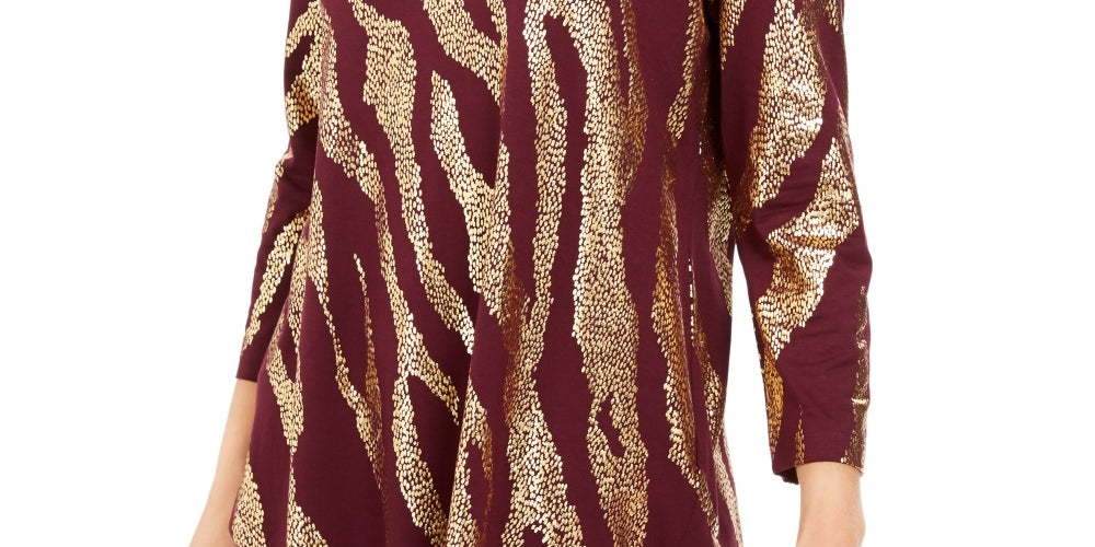 JM Collection Blusa feminina estampada com decote redondo, roxa, tamanho médio