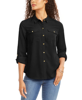 Camisa feminina com botões e botões Charter Club, preta, tamanho PXL