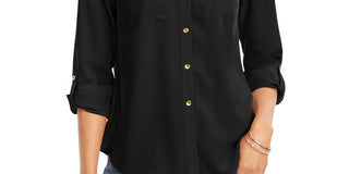 Camisa feminina com botões e botões Charter Club, preta, tamanho PXL