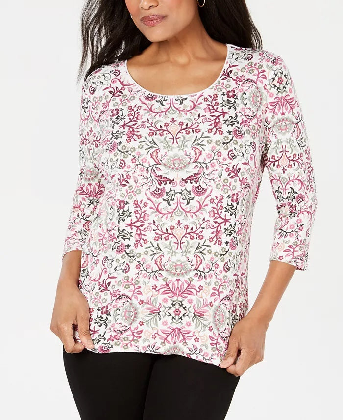 Karen Scott Top feminino estampado com decote redondo, tamanho P, branco/flores
