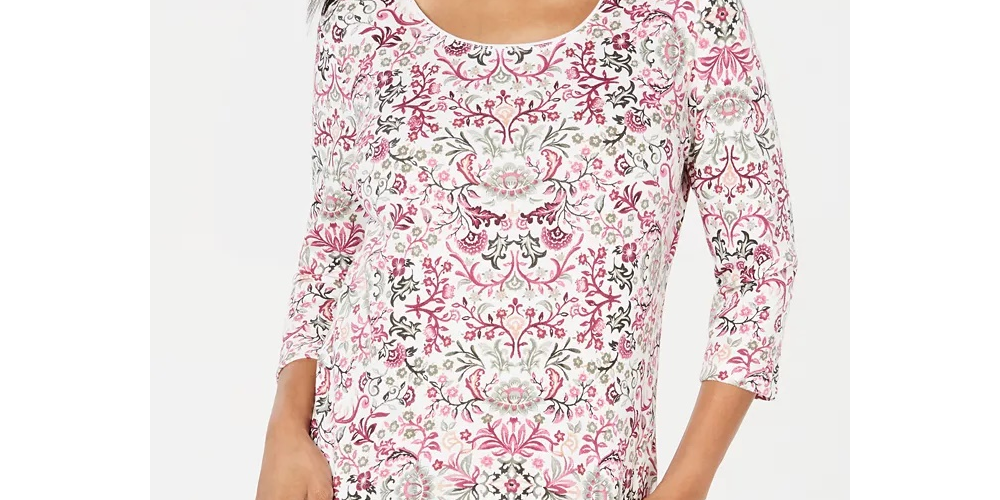 Karen Scott Top feminino estampado com decote redondo, tamanho P, branco/flores