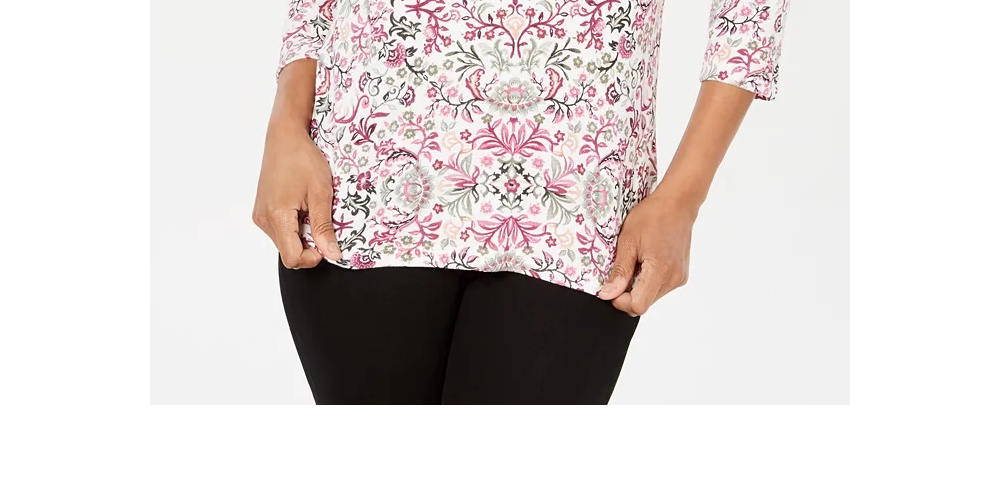 Karen Scott Top feminino estampado com decote redondo, tamanho P, branco/flores