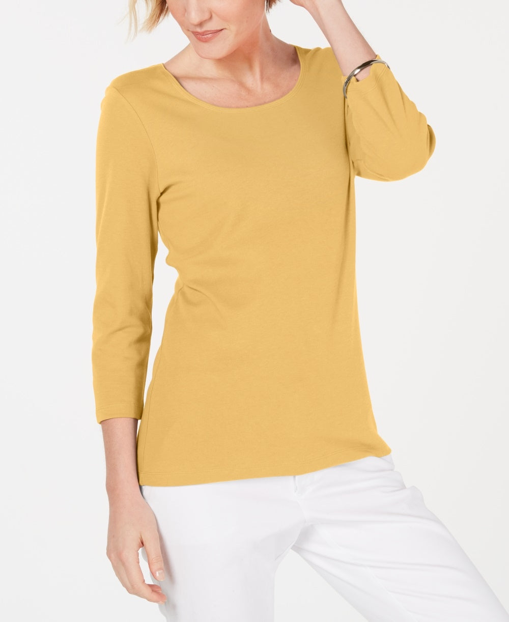 Blusa feminina Karen Scott de algodão com manga 3/4, tamanho cáqui, médio