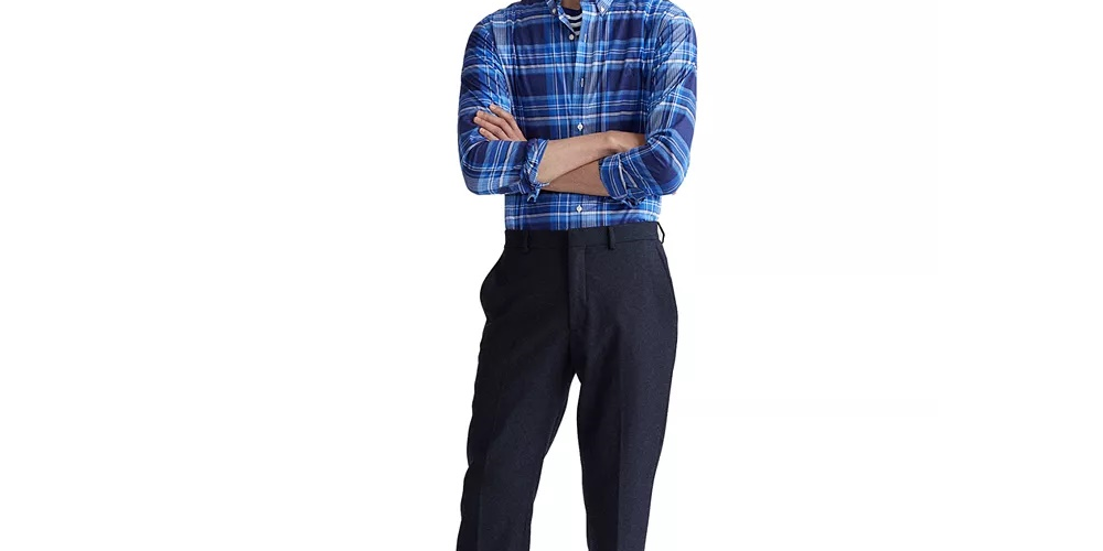 Camisa Ralph Lauren Masculina Slim Fit de Popeline Elástica com Botões Azul Tamanho X-S