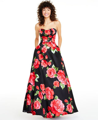 B Darlin Women's Strapless Floral Print Gown Red Size 9-10