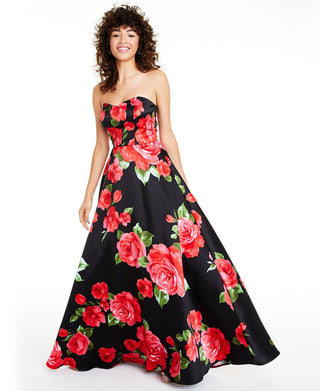 B Darlin Women's Strapless Floral Print Gown Red Size 9-10