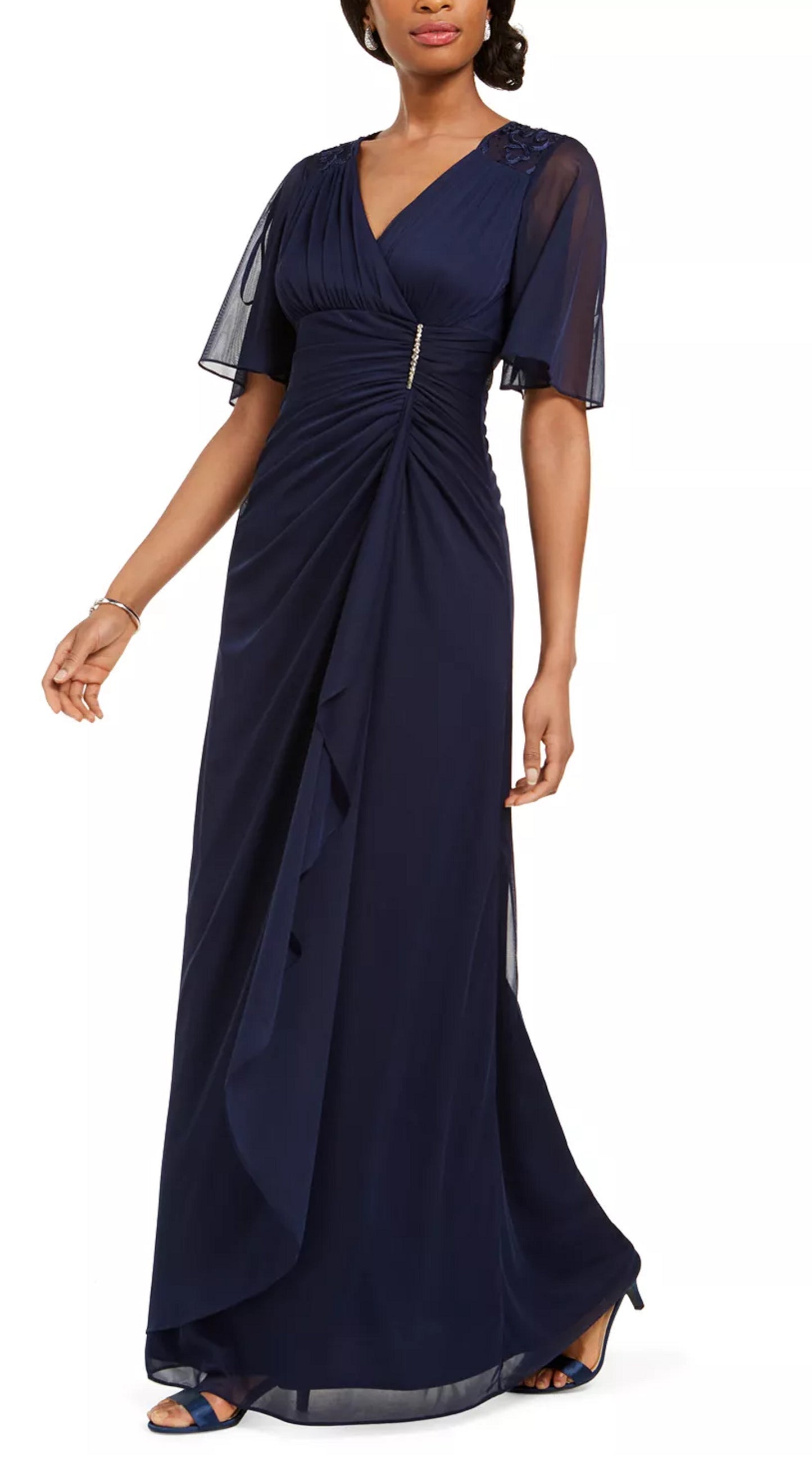 Vestido envelope falso com babados Betsy &amp; Adam feminino, azul, tamanho 10