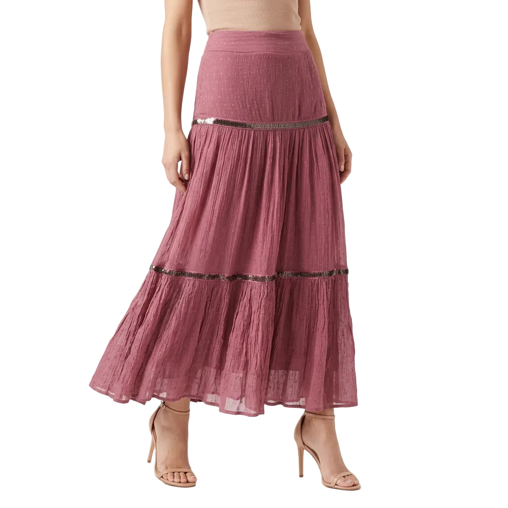 Free People Women's Ella Ruched Tiered Midi Skirt Purple