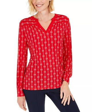 Top feminino estampado com decote aberto Charter Club, vermelho, tamanho extragrande