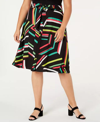 Bar III Women's Belted Button Front Printed Knee Length A-Line Skirt Black Size 18W