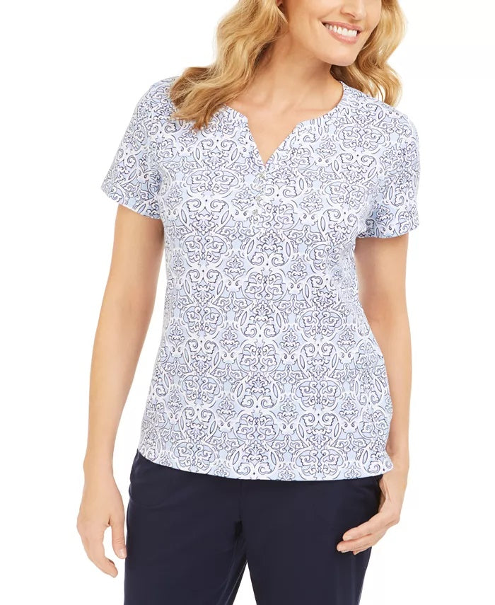 Karen Scott Blusa Henley Feminina Estampada Manga Curta Bege Tamanho Médio