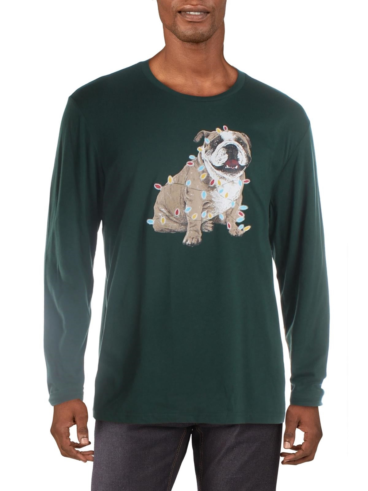 Camiseta masculina com estampa de buldogue natalino, tamanho médio, verde, Club Room