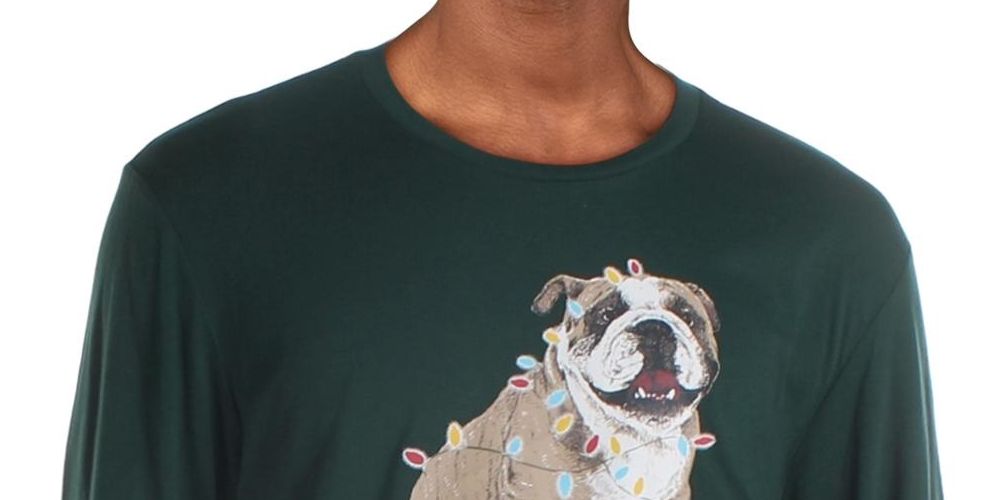 Camiseta masculina com estampa de buldogue natalino, tamanho médio, verde, Club Room
