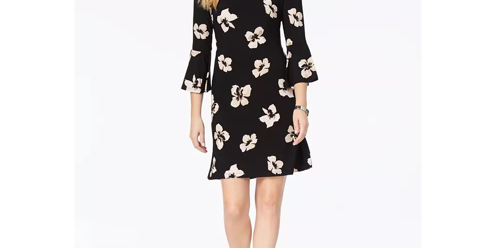 Vestido feminino Tommy Hilfiger com estampa de jersey e manga sino, corte A, preto, tamanho 12