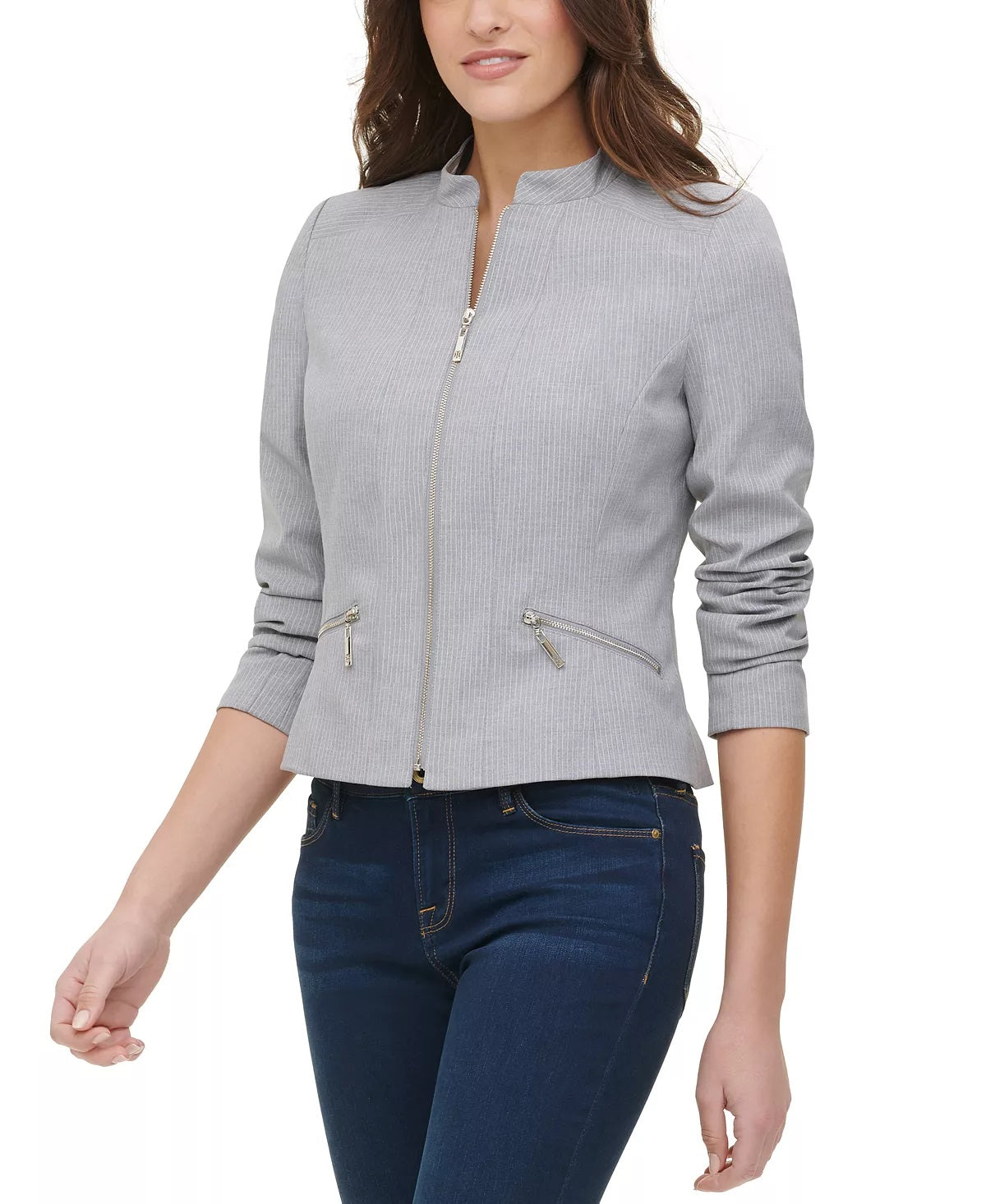 Jaqueta Tommy Hilfiger Feminina com Zíper e Motocicleta Cinza Tamanho 6