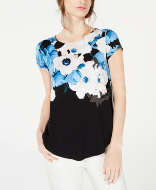 Camiseta feminina Alfani estampada com bainha redonda, azul, tamanho pequeno pequeno