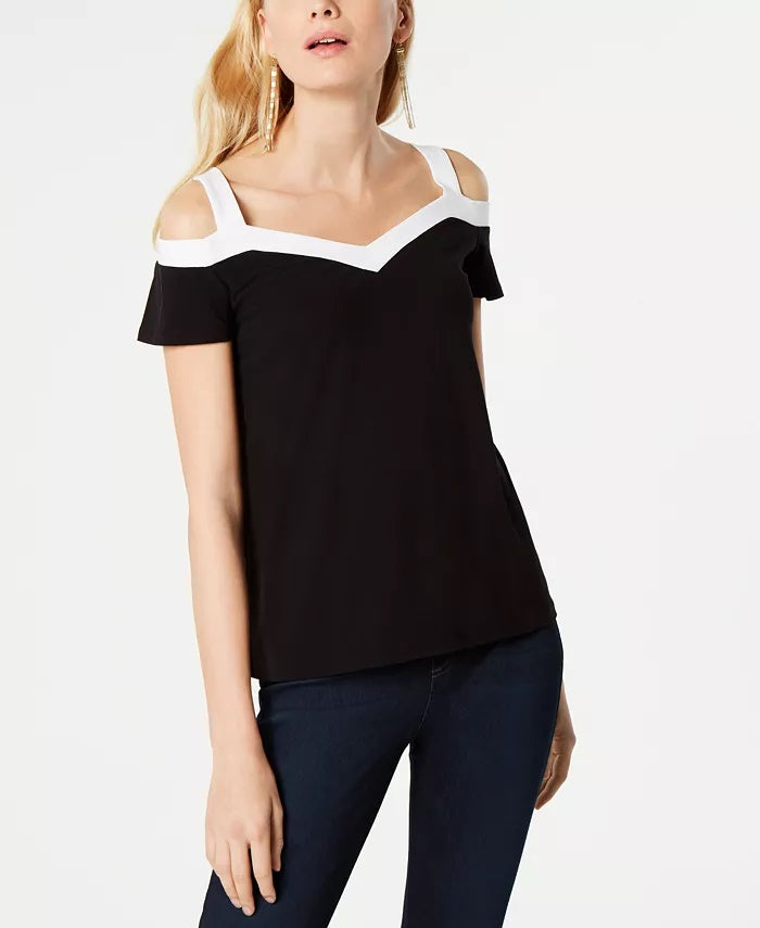 INC International Concepts Top feminino pequeno com acabamento contrastante e ombros descobertos, preto, tamanho pequeno S