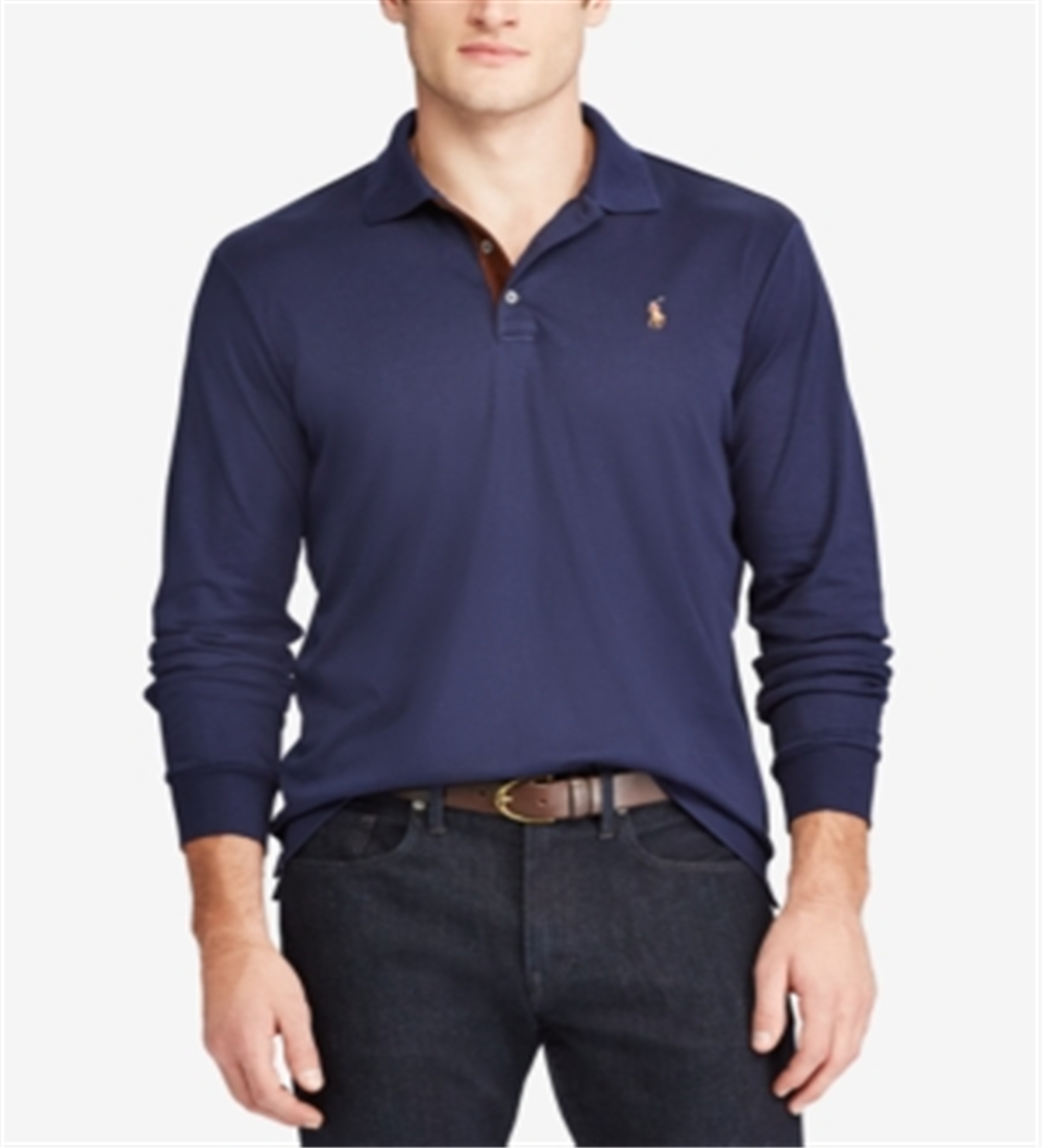 Camisa polo masculina Ralph Lauren Classic Fit de manga comprida em algodão macio, azul, tamanho XS